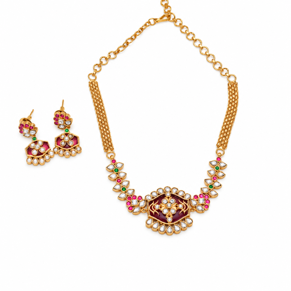 Ruby Green Kundan Necklace Set