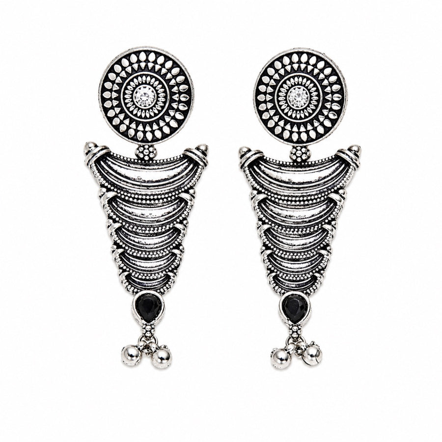 Antique Silver Oxidised Layered Drop Earrings