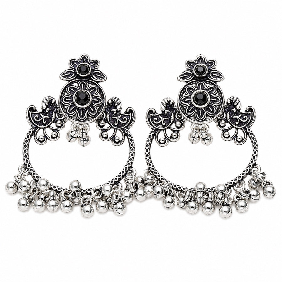 Floral Silver Chandbali Earrings - black