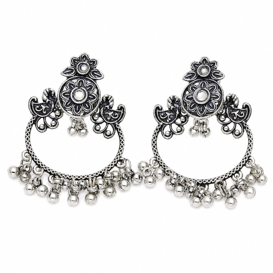 Floral Silver Chandbali Earrings - white