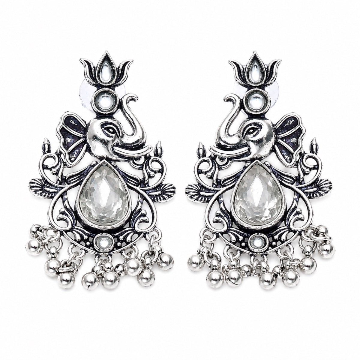 Ganesha Antique Silver Earrings - white
