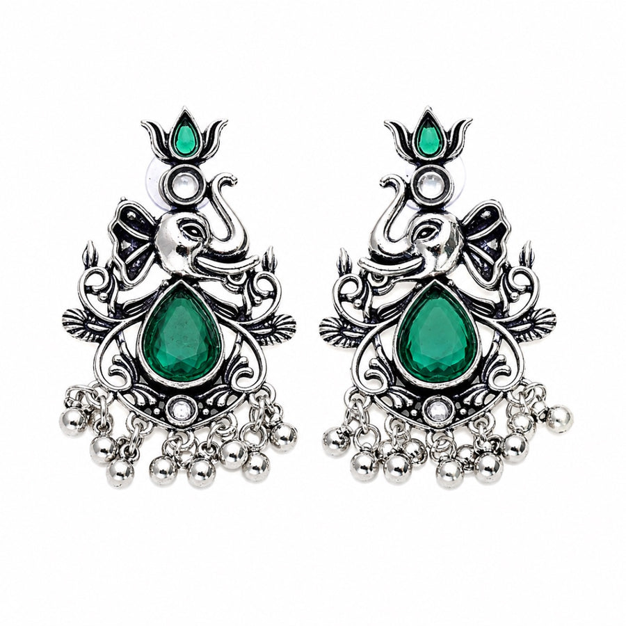 Ganesha Antique Silver Earrings - Emerald