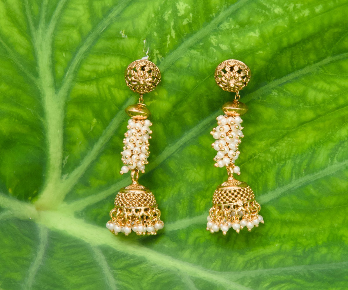 Gold Plated Pearl Jhumka Earrings for Women | Traditional Long Pearl Drop Jhumki | Ethnic Party Wear Earrings