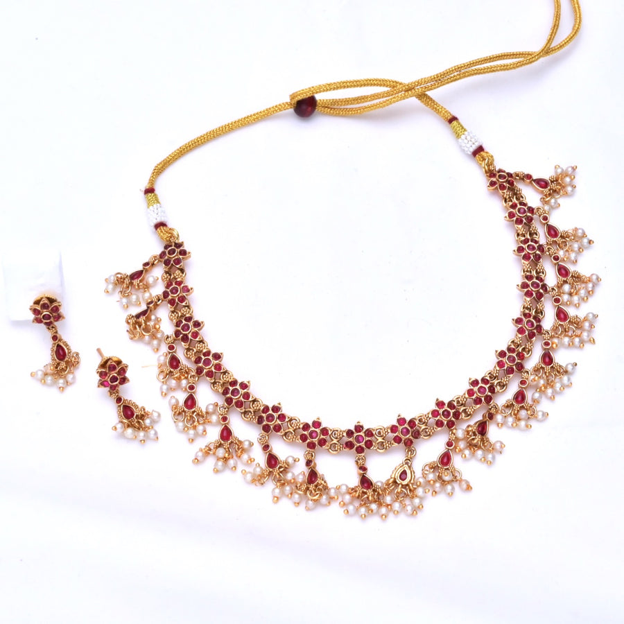 Ruby Floral Pearl Fringe Necklace Set