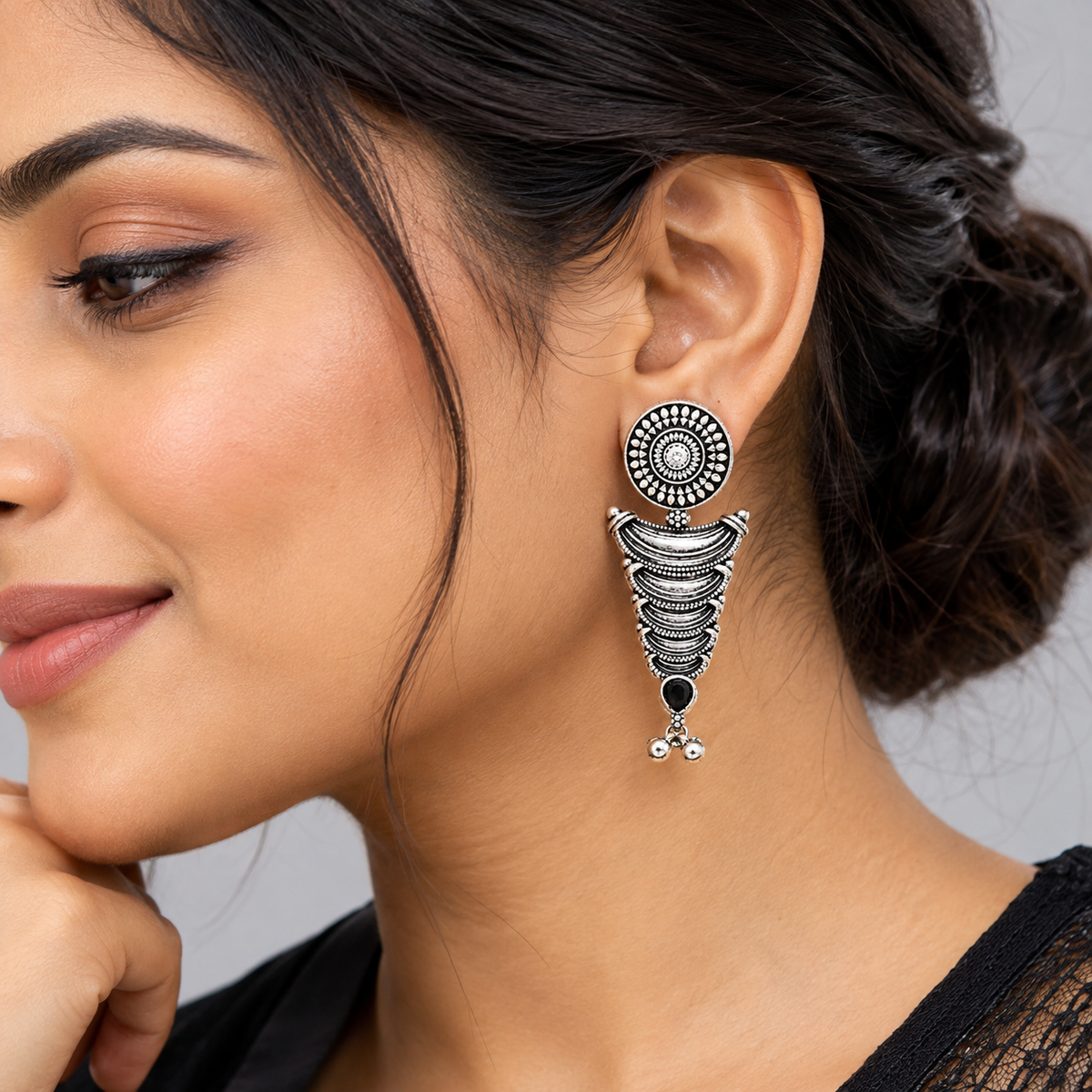 Antique Silver Oxidised Layered Drop Earrings — Black, worn