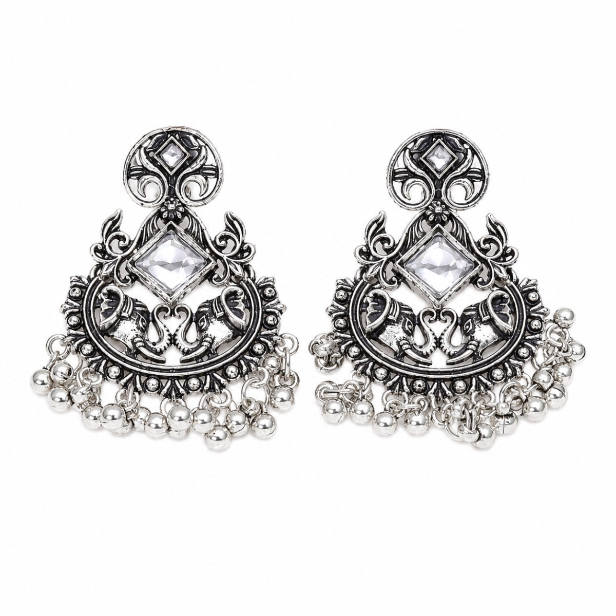 Silver Elephant Chandelier Earrings - white