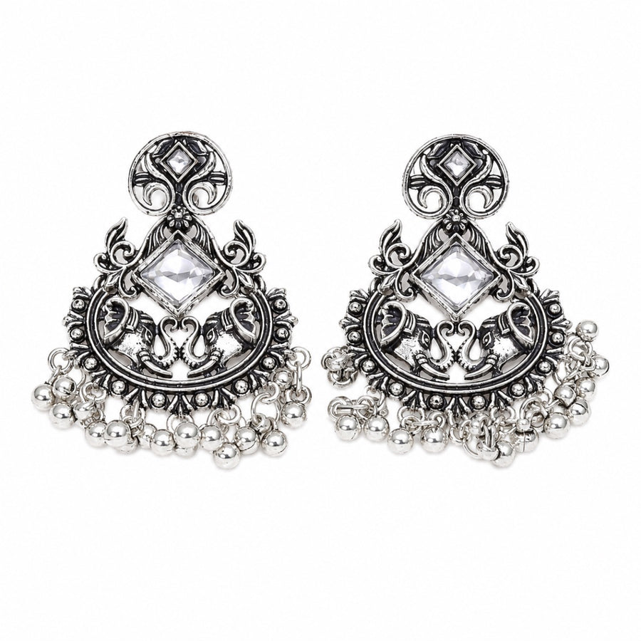 Silver Elephant Chandelier Earrings - white
