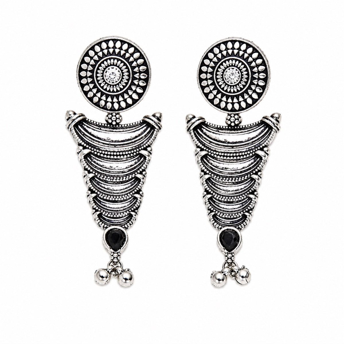 Antique Silver Oxidised Layered Drop Earrings