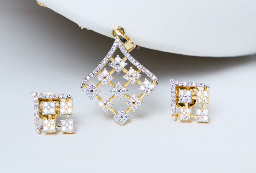 Elegant Diamond Look Pendant Set with Floral Stud Earrings | Gold Plated CZ Jewellery Set for Women