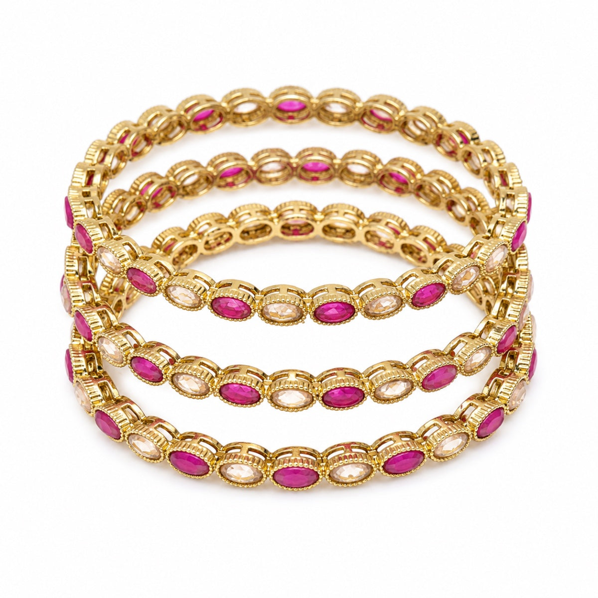 Elegant Pink & White Stone Gold-Plated Bangle Set – Set of 4