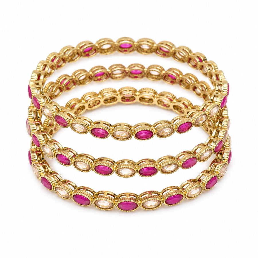 Elegant Pink & White Stone Gold-Plated Bangle Set – Set of 4