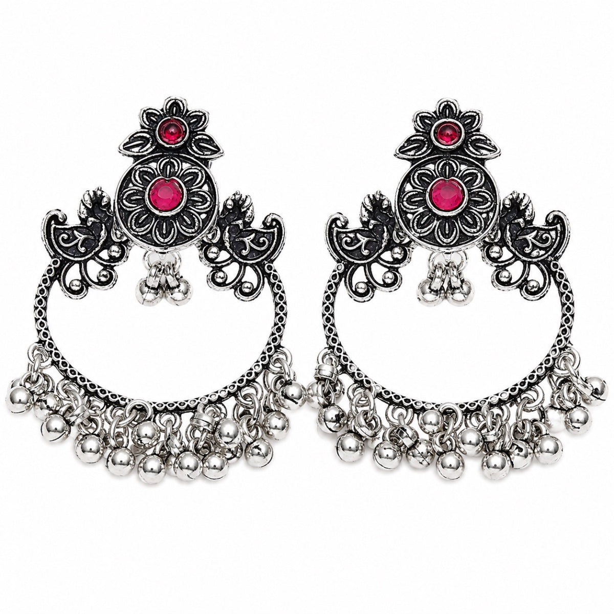 Floral Oxidised Silver Chandbali Earrings