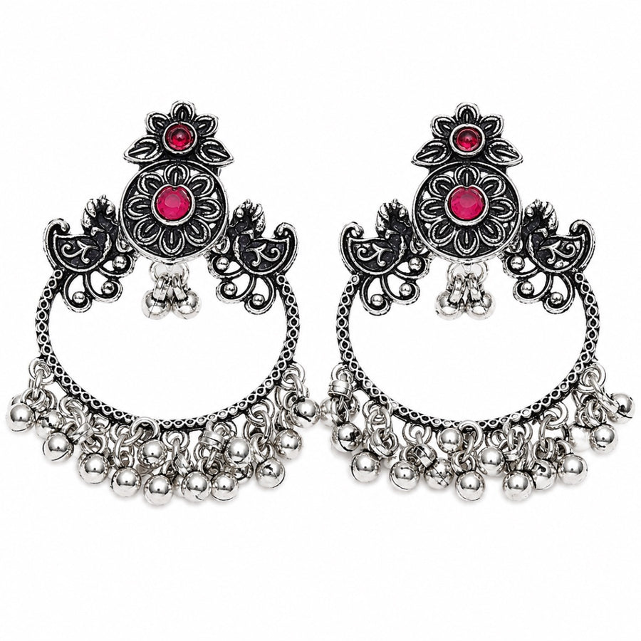 Floral Oxidised Silver Chandbali Earrings