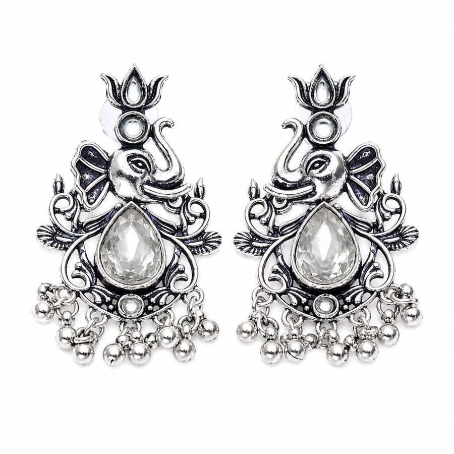 Ganesha Antique Silver Earrings - white