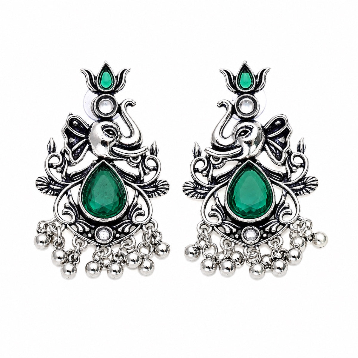 Ganesha Antique Silver Earrings - Emerald