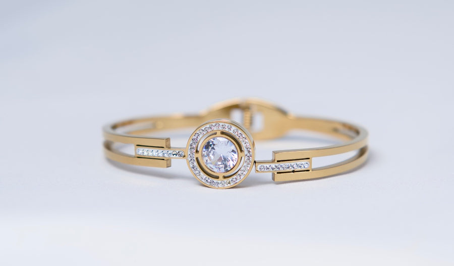 Gold American Diamond Solitaire Bangle Bracelet | Luxury CZ Adjustable Bracelet for Women
