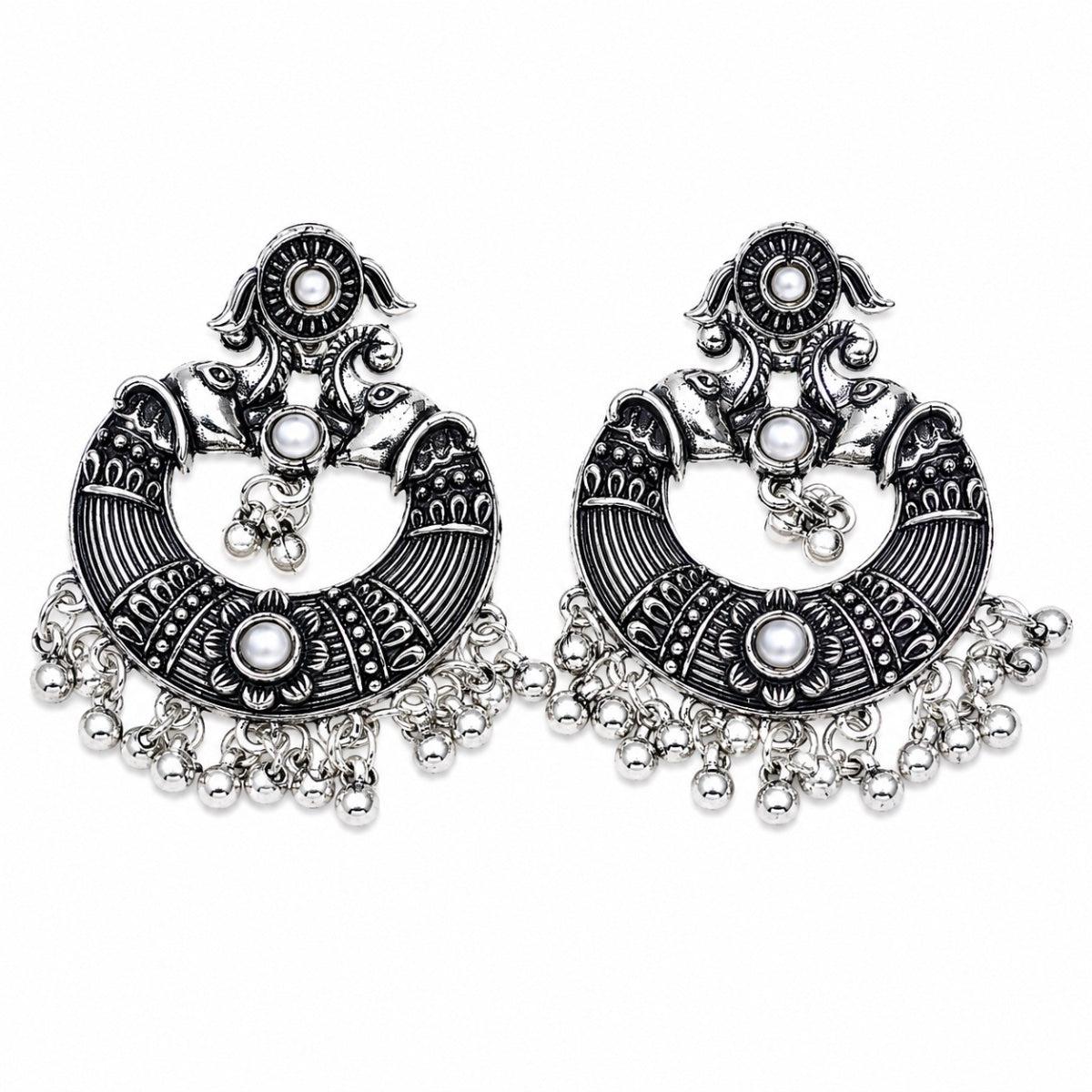 Oxidized Silver Chandbali Earrings - white
