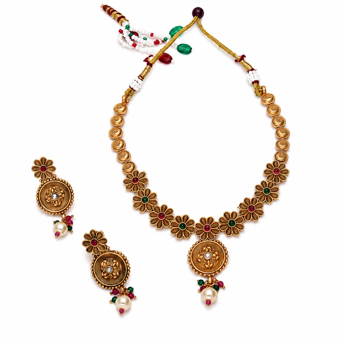 Antique Floral Kemp Necklace Set with Matching Earrings