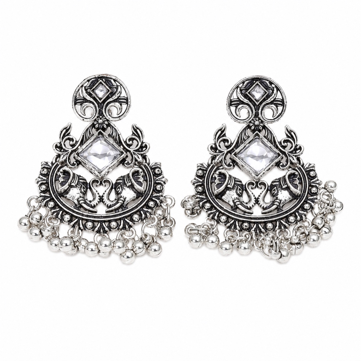 Antique Silver Elephant Chandelier Earrings view 2