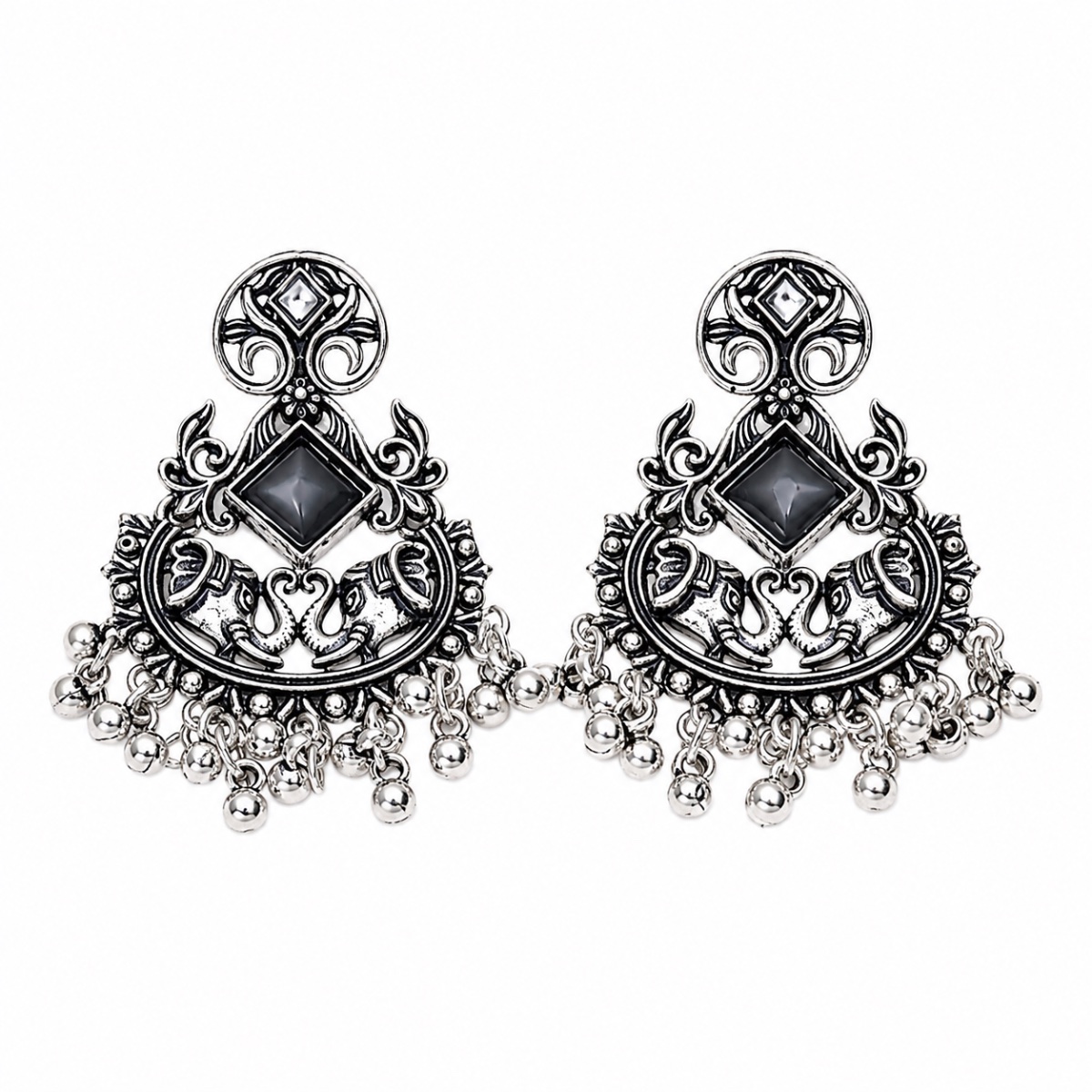 Antique Silver Elephant Chandelier Earrings view 3