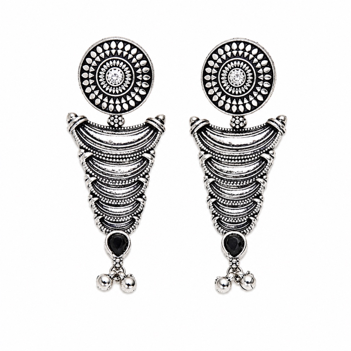 Antique Silver Oxidised Layered Drop Earrings