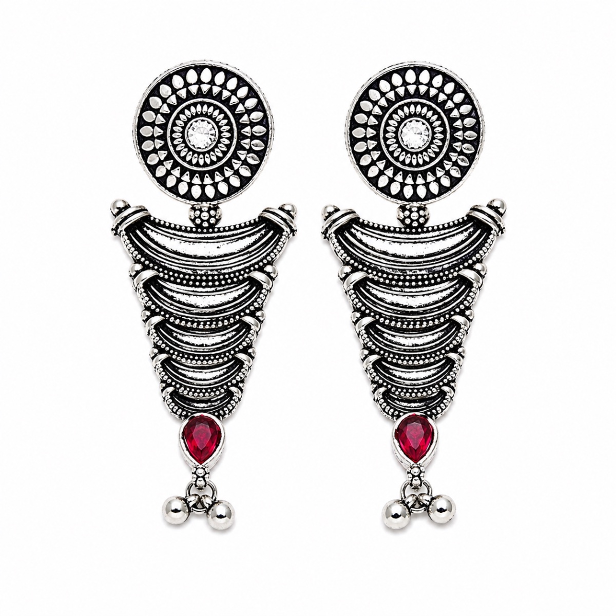 Antique Silver Oxidised Layered Drop Earrings view 2