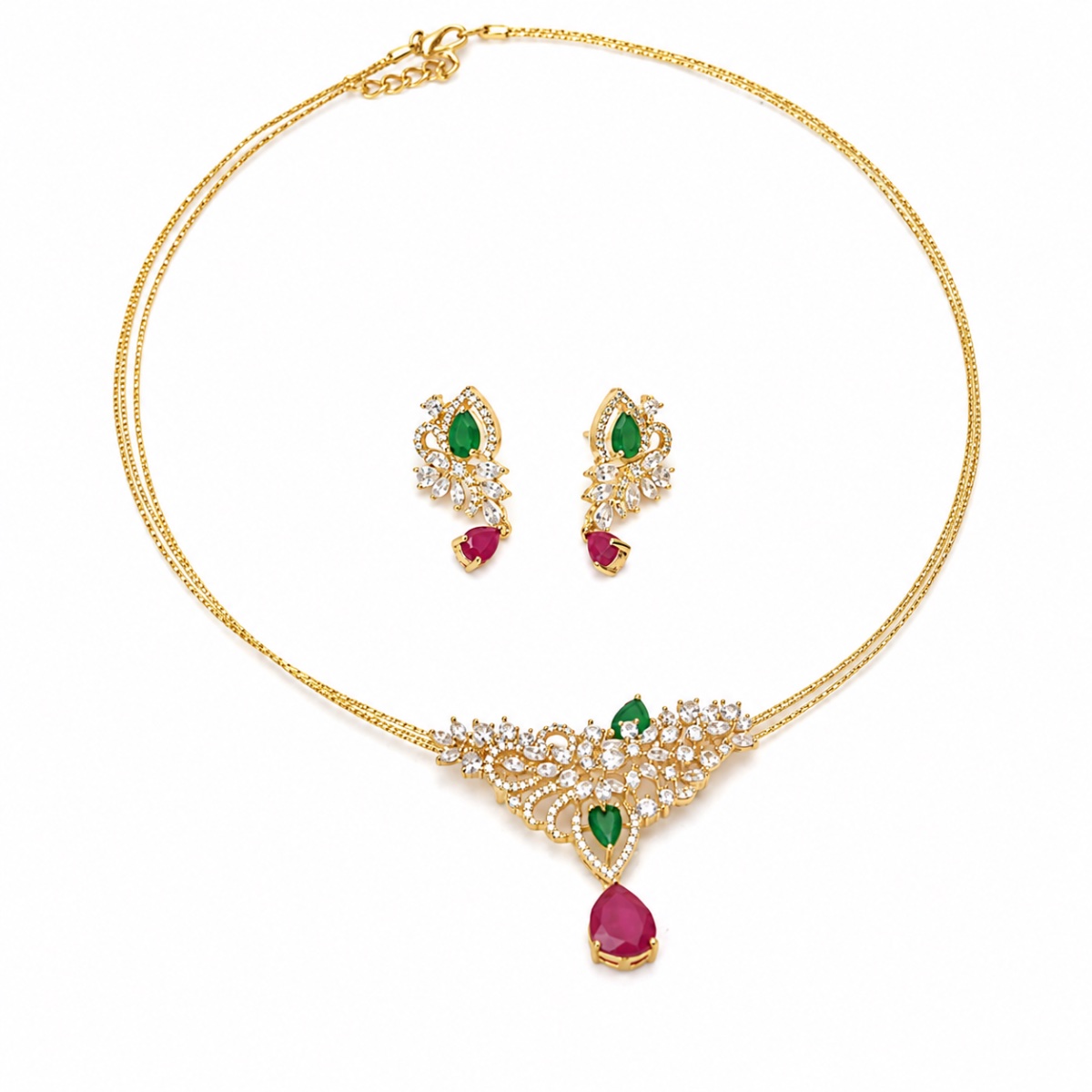 Elegant Gold Necklace Set with Green & Ruby-Tone Stones