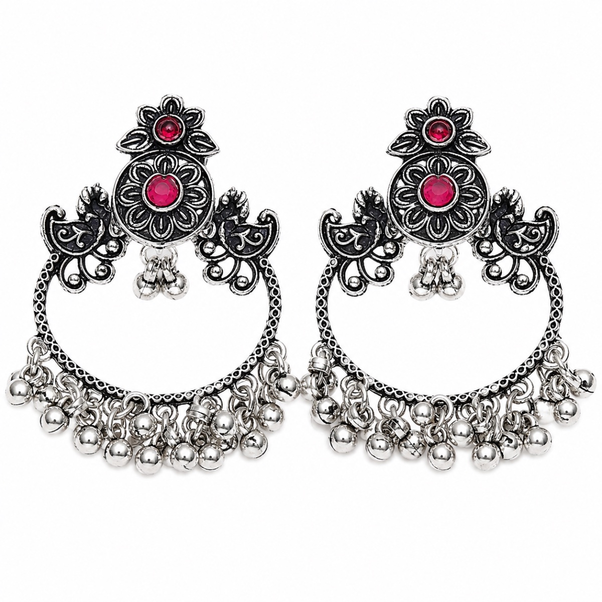 Floral Oxidised Silver Chandbali Earrings