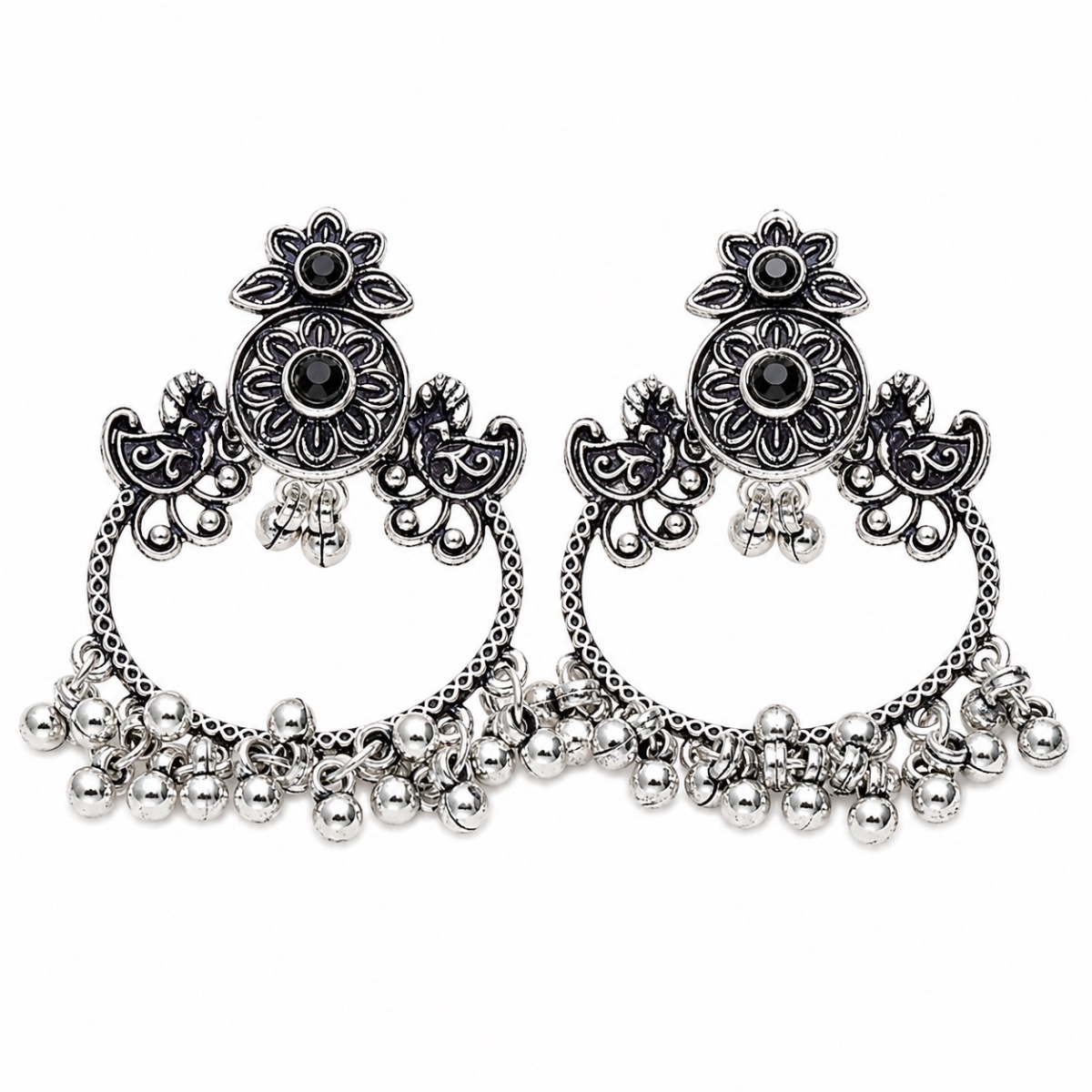 Floral Oxidised Silver Chandbali Earrings view 2