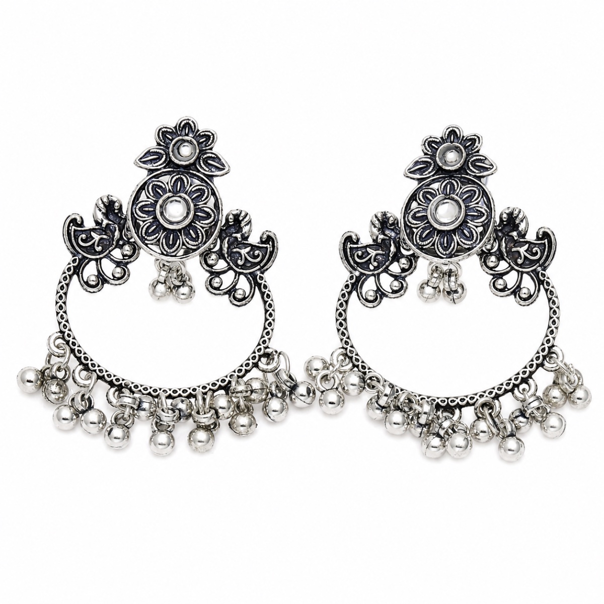 Floral Oxidised Silver Chandbali Earrings view 3