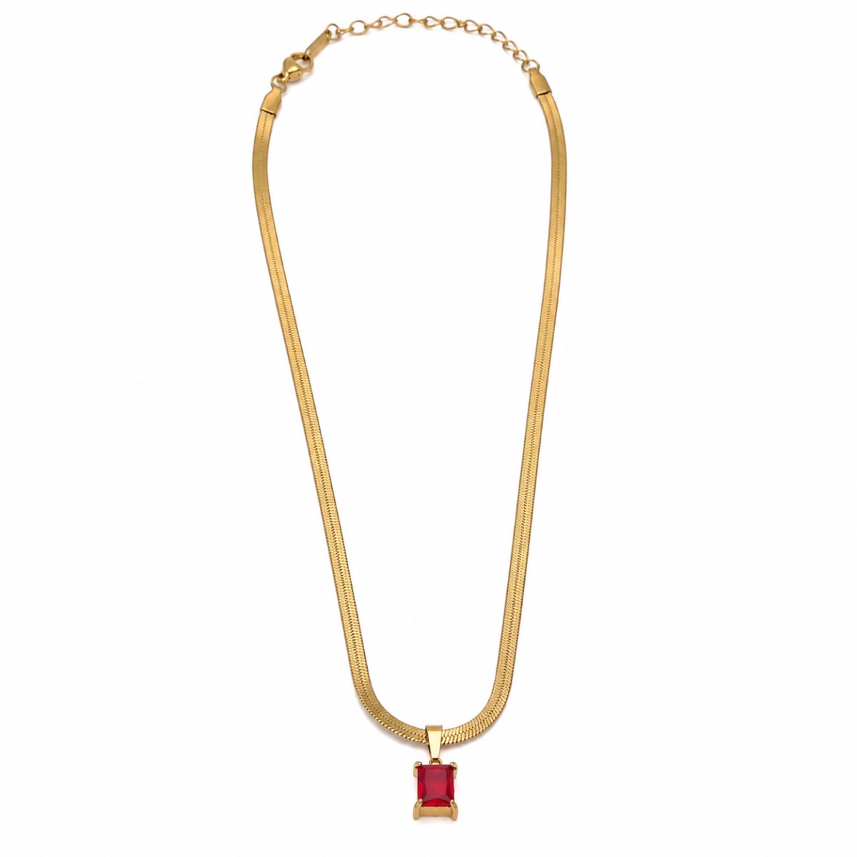 Gold Herringbone Necklace with Ruby Stone Pendant