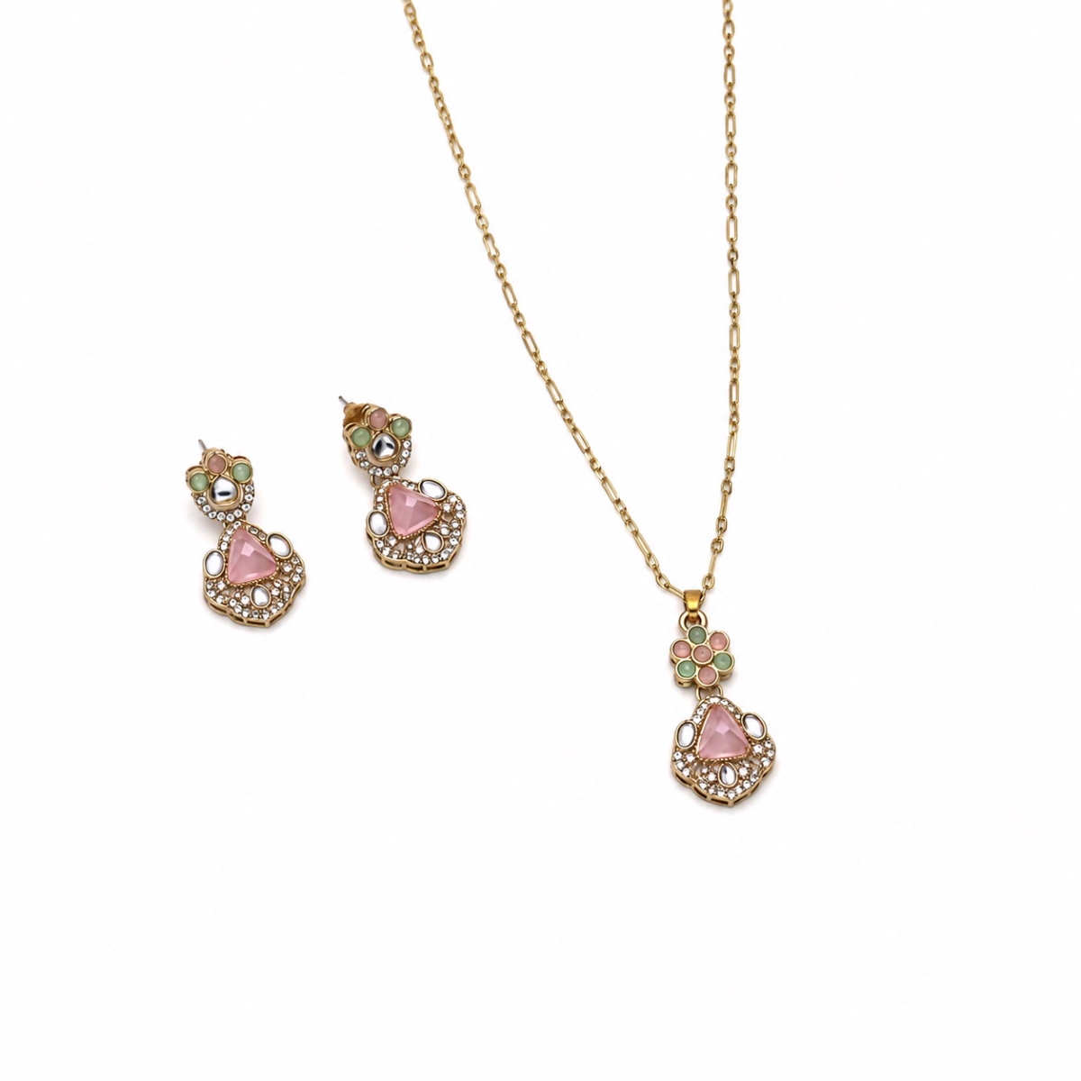 Pastel Pink & Green Floral Necklace Set