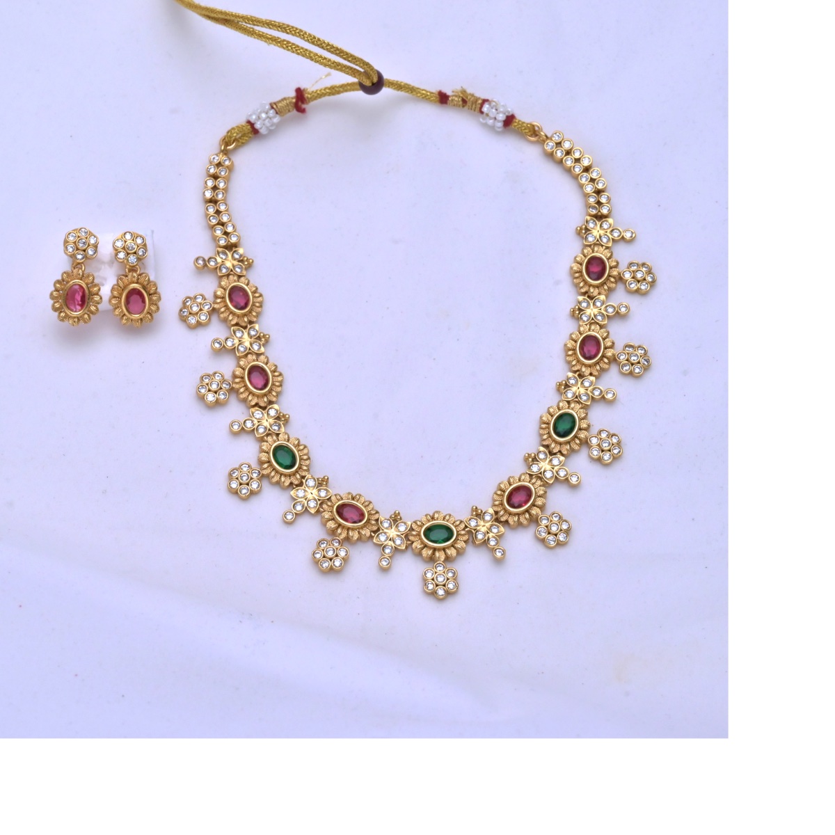 Ruby & Emerald Floral AD Necklace Set
