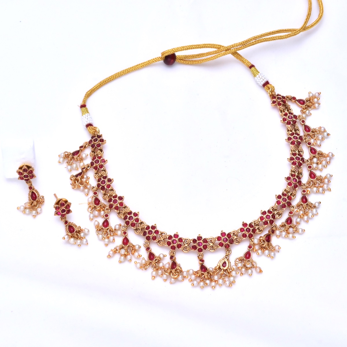 Ruby Floral Pearl Fringe Necklace Set