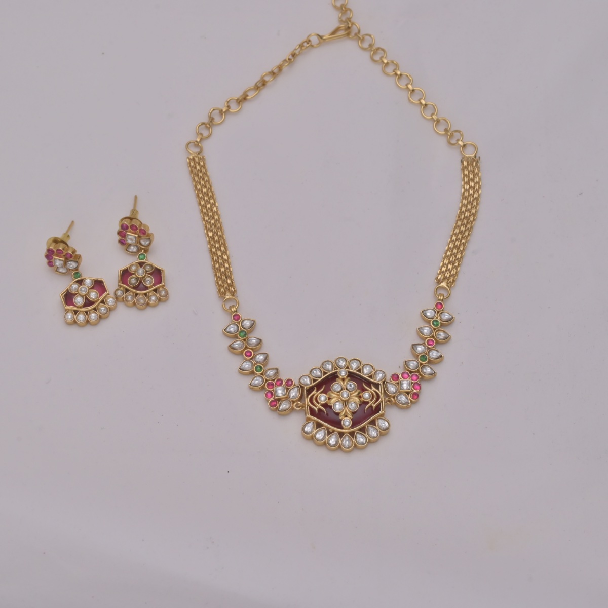 Ruby Green Kundan Floral Necklace Set